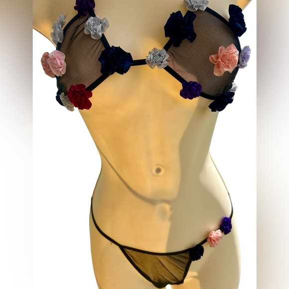 Mesh Two Piece Floral Bra and G string set with Satin Rose Buds . - Picture 1 of 10